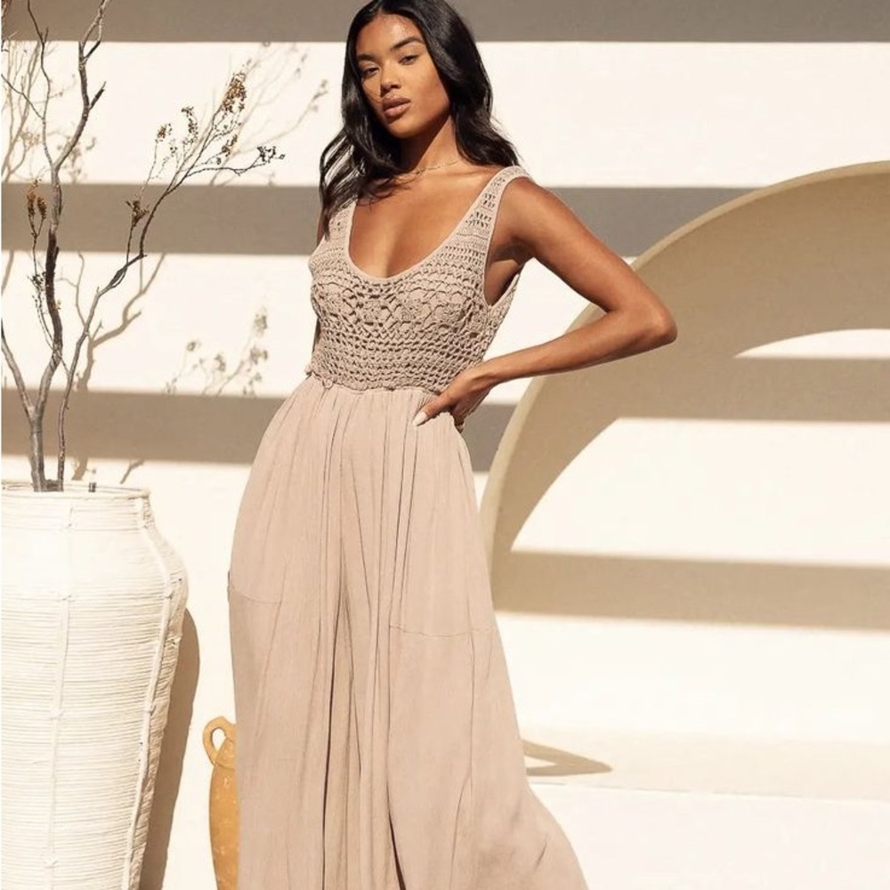 bohme Crochet Wide Leg Jumpsuit in Beige